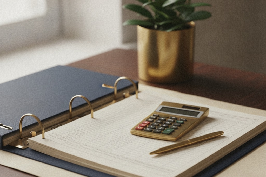 Open accounts binder showing neat columns of figures, with a calculator and pen resting on the page
